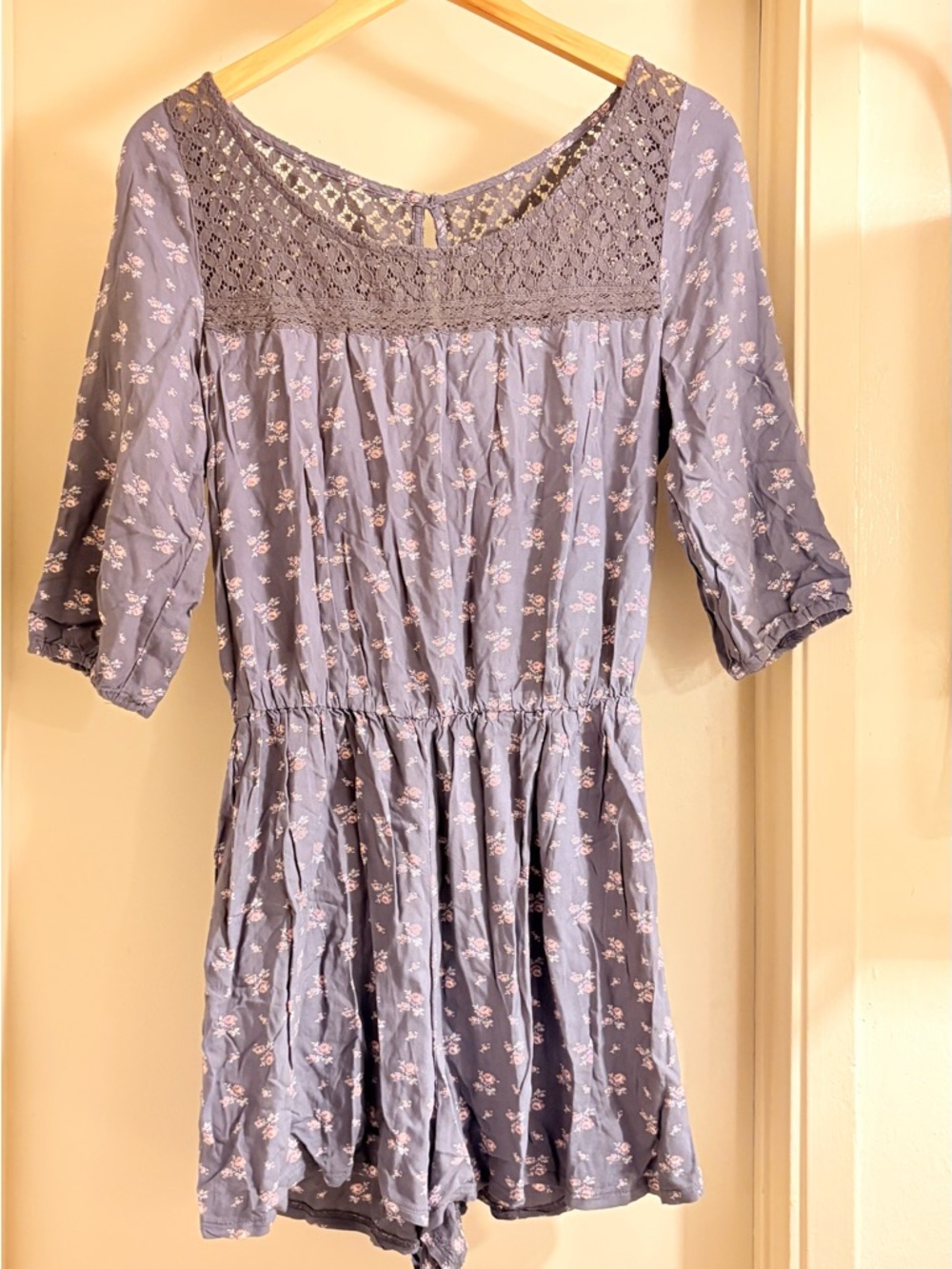 Abercrombie & Fitch Lavender Floral Romper with Crochet Yoke